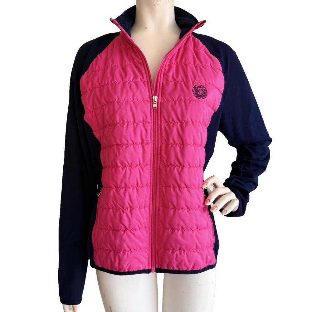 Lauren Active RALPH LAUREN Womens XL Pink Navy Blue Quilted Zip Front Jacket